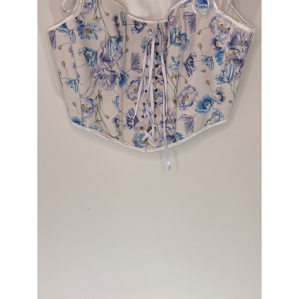Scarlet Darkness Floral Corset Top Blue Poppy Lace Up Renaissance Cream Size 14 - Picture 5 of 12